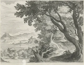 Landschap met twee figuren onder een boom