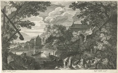 Rivierlandschap met vissers en werklui