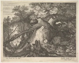 Een man met een staf zittend op een boomstam, met twee geiten aan weerszijden, ca. 1600