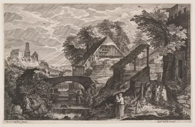 Boerderijen aan de rechterkant van een rivier, uit Acht scènes uit Bohemen