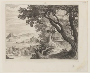 Rivierlandschap met twee mensen zittend onder een boom