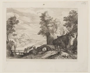 Rivierlandschap met een stenen brug en een houten brug