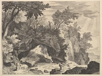 Rotsachtig landschap met de stigmatisatie van Sint Franciscus