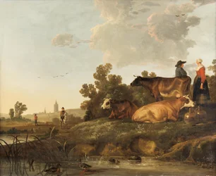 Een veedrijver en melkmeid naast vee, uitzicht op een stad in de verte