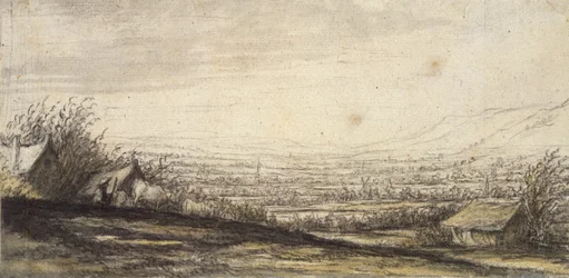 Uitgestrekt landschap met huisje en vee