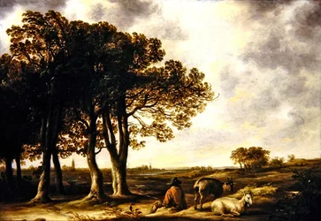 Geitenhoeder in landschap, een verre blik op Amsterdam