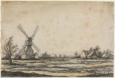 Landschap met een windmolen bij een boerderij, 1642-1644