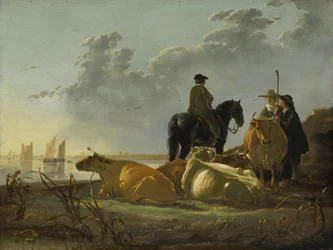 Boeren en vee bij de rivier Merwede, ca. 1655-60