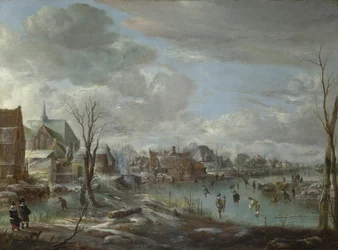 Een bevroren rivier bij een dorp, met golfers en schaatsers