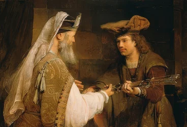 Ahimelech overhandigt David het zwaard van Goliath
