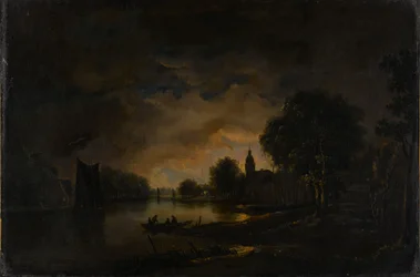 Riviergezicht bij maanlicht, ca. 1850-1875 (olieverf op doek)