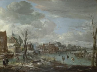 Een bevroren rivier nabij een stad met golfers en schaatsers. Rond 1648