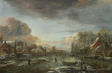 Een bevroren rivier met stad in de avond. Rond 1665