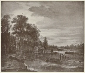 Rivierlandschap bij maanlicht met figuren