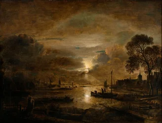 Maanlicht aan een Nederlandse rivier, c.1650