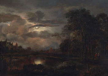 Maanverlicht Landschap met Brug, waarschijnlijk 1648-1650