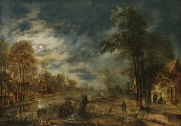 Maanverlicht Landschap met een Dorp