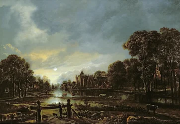 Maanverlicht rivierlandschap met huisjes aan de beboste oevers