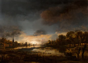 Rivierlandschap bij zonsondergang