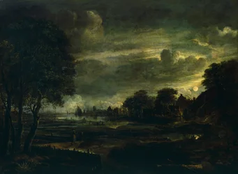 Dorp in maanlicht, door Aert van der Neer