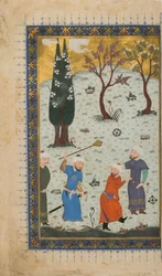 Folio uit een onbekende tekst; recto: Een prins op de troon omringd door bedienden, Herat, Afghanistan, ca. 1425-30
