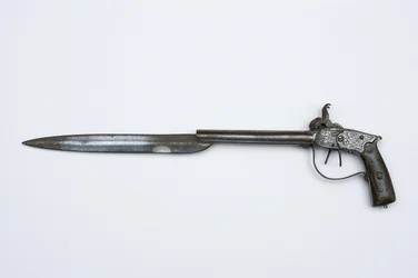 Dubbelgeweerde percussiepistool, ca. 1840 (staal, messing & hoorn)