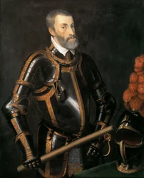 Duits: Keizer Karel (1500-1558) in harnas, halflang portret van Keizer Karel in harnas