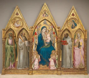 Madonna en kind met de heiligen Andreas, Benedictus, Bernardus en Catharina van Alexandrië met engelen [volledig drieluik], kort voor 1387 (tempera op populierenpaneel)
