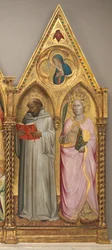 Sint Bernardus en Sint Catharina van Alexandrië met de Maagd van de Aankondiging [rechterpaneel], kort voor 1387 (tempera op populierenpaneel)