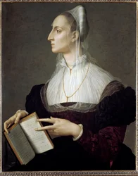 Portret van de Italiaanse dichteres Laura Battiferri die de sonnetten van Petrarca leest