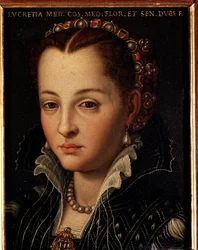 Portret van Lucrezia de Medici (of Lucrezia di Cosimo de Medici of Lucrezia de Medici) (1545-1561). Schilderij van Allori Angelo di Cosimo, genaamd Bronzino (1503-1572) - 16e eeuw, afmetingen 15 x 12 cm, Palazzo Medici-Riccardi, Florence