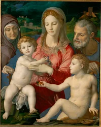 De Heilige Familie met de heilige Anna en de jonge Johannes (schilderij op populierenhout)