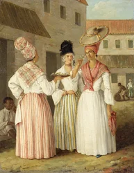 Een West-Indische bloemenmeisje en twee andere vrije vrouwen van kleur