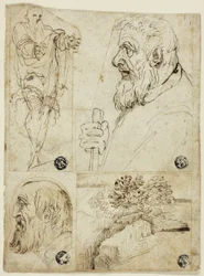 Vier schetsen: Staande mannelijke figuur; profielbuste van man met baard; profielkop van man met baard; landschap