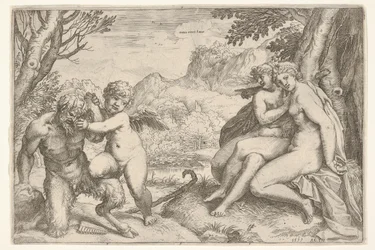 De liefde overwint alles - Omnia vincit Amor, in een gevecht met een sater legt Amor zijn rechterhand ..., 1599