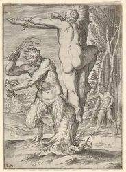Een sater die een nimf geselt, van achteren afgebeeld en aan een boom gebonden, een tweede sater..., ca. 1590-95