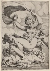 Venus of Galatea ondersteund door dolfijnen