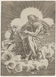 Sint Mattheüs, zittend op een wolk en een pen in een inktpot doopt, vastgehouden door een engel...