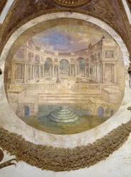 Boogschutter teken (opkomende Arcturus constellatie) oostmuur: vermogen om bewaker van koninklijke gebouwen te worden. Hier zien we het paleis van de te. Fresco door Agostino da Mozzanega (actief van 1527 tot 1539) 1528 Hal van de Winden (of van de Dierenr