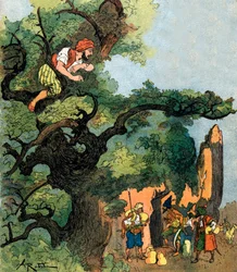 Ali Baba hoort een groep van veertig dieven hun schatkamer bezoeken Illustratie door Albert Robida voor Ali Baba en de veertig rovers