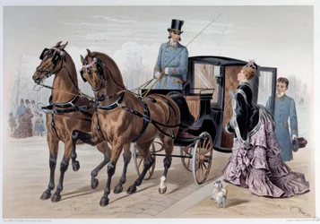 Coupe bereikt van Engelse paarden. Prent door Albert Adam (1833-?) 1874 Parijs, Musee Carnavalet