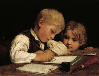 Een jongen die schrijft; Schreibender Knabe Mit Schwesterchen