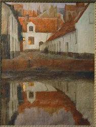 Een klein stadje aan de oever van de rivier, Vlaanderen (schilderij op doek)