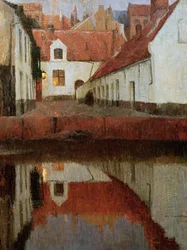 Klein stadje aan de waterkant, bij schemering, 1899