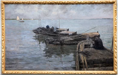Aan de Beneden-Schelde, laatste stralen, afgemeerde vissers