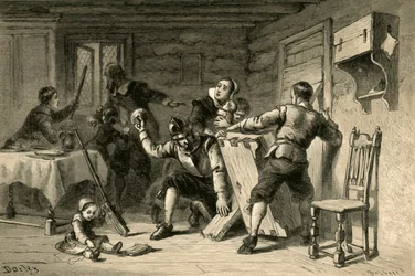 Puriteinen barricaderen hun huis tegen indianen, 1877