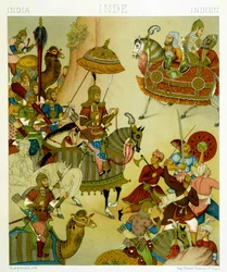 16e-eeuwse oorlogskostuums in India. Chromolithografische plaat - in "Le costume historique" door Racinet