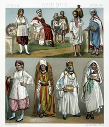 Barbareske kostuums (Afrika). Illustratie in "Le costume historique" door Racinet
