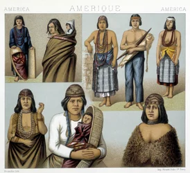 Kostuums van de Californische Indianen. Illustratie in "The historical costume" door Racinet