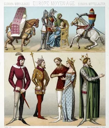 Kostuums van de Middeleeuwen in Frankrijk. Illustratie in "Le costume historique" door Racinet